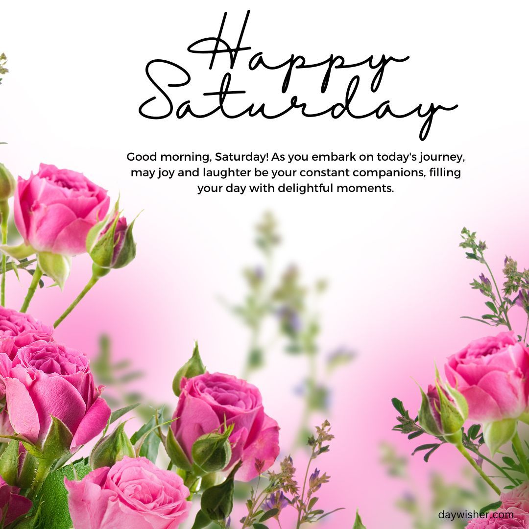 A cheerful graphic saying "happy saturday" in elegant script, surrounded by vibrant pink roses against a soft, abstract green and pink background. A Saturday morning prayer wishes blessings and joy for the day.