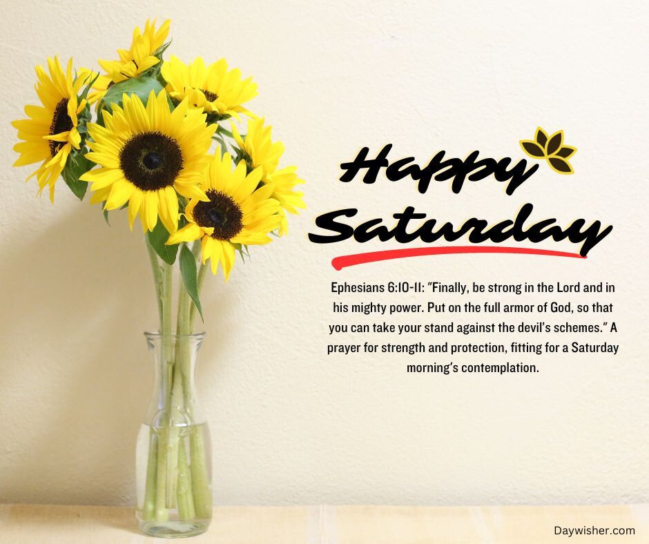 A bright image featuring sunflowers in a vase against a cream wall with the text "Saturday Morning Prayer" and a Bible verse from Ephesians 6:10-11 about strength and protection.