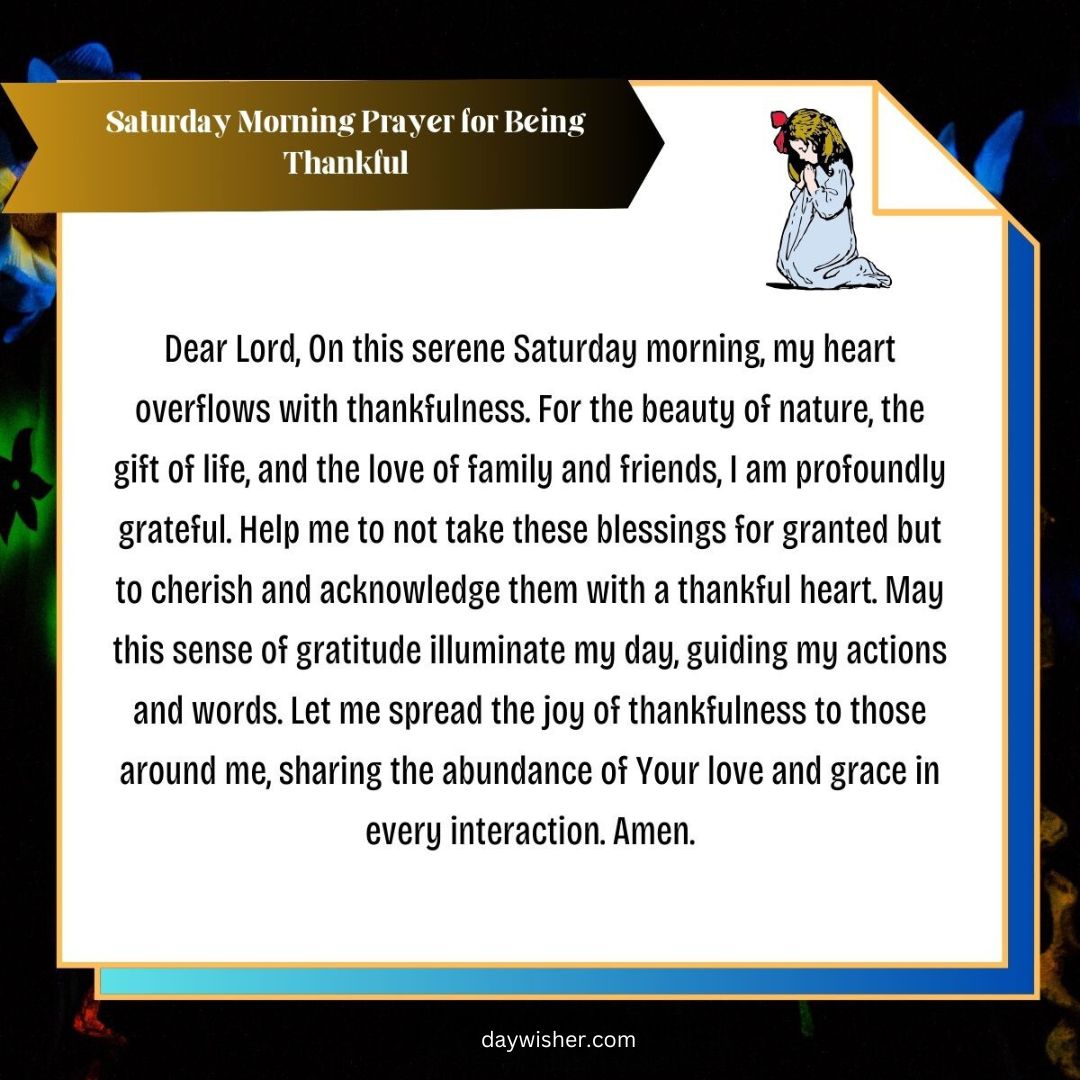 An image depicting a prayer titled "Saturday Morning Prayer for Being Thankful" against a blue background with a decorative border and a sketch of a person praying in the upper right corner.