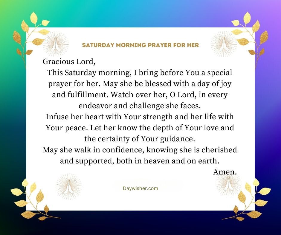 A graphic with a Saturday Morning Prayer text for 2024 against a blue background, bordered by gold leaves, seeking blessings and guidance from the lord.