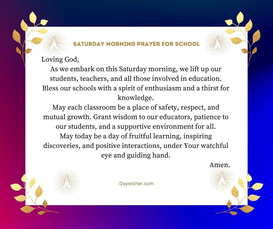 An illustrated Morning Blessings for school, featuring a blue background bordered by leaf designs, with text seeking blessings for teachers, students, and learning, ending with "amen.