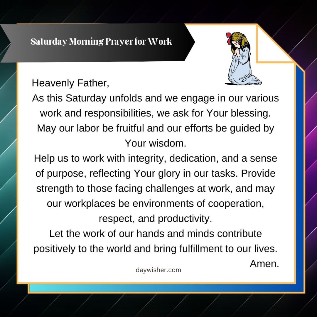 An image featuring a prayer titled "Saturday Morning Prayer for Work," set against a golden background with a decorative border. At the top right corner, there's a small illustration of an angel.