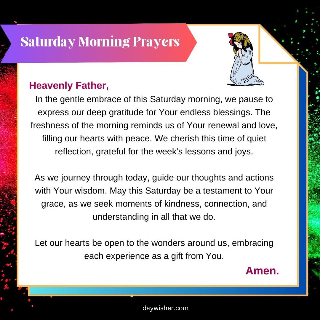 A graphic featuring a prayer titled "Saturday Morning Prayer" with a tranquil design including an angel and stars against a dark background. The text expresses gratitude and seeks blessings.