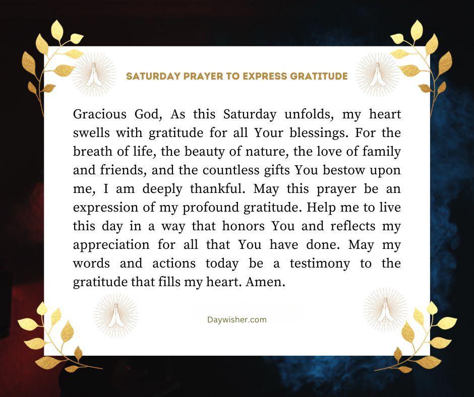 An image of a Saturday Morning Prayer text centered on a white background adorned with gold laurel wreaths at the corners. The prayer expresses gratitude and asks for blessings in life, ending with "Amen