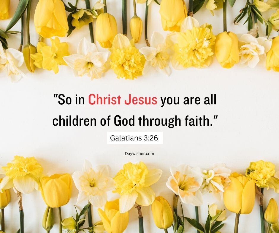 A background of yellow daffodils surrounds a Bible verse about faith from Galatians 3:26, depicted in elegant typography.