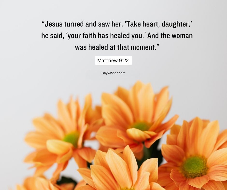 A close-up image of vibrant orange daisy flowers, with a Bible verse about faith from Matthew 9:22 regarding healing overlayed in elegant text.
