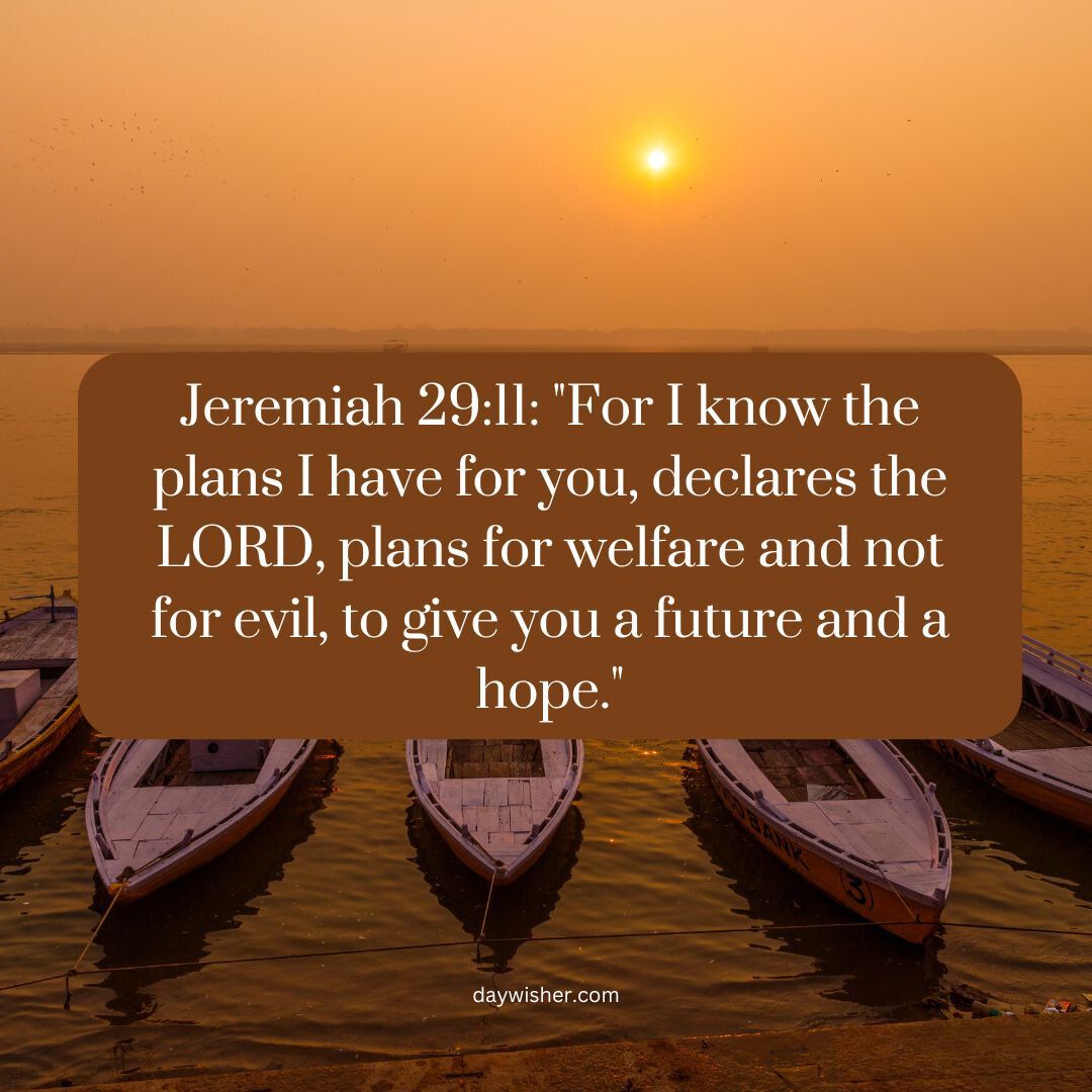 Sunrise over a calm river with rowboats in the foreground, featuring the bible verse Jeremiah 29:11 on a clear sky backdrop, accompanied by "Happy Sunday Blessings.