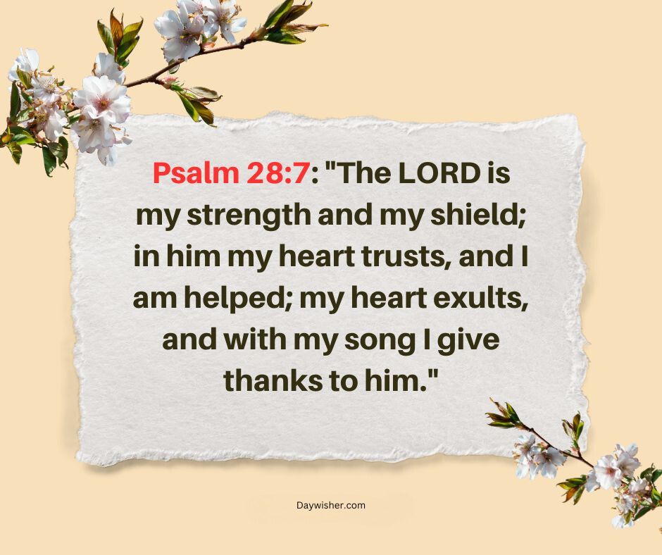 A decorative image featuring a verse from Psalm 28:7 on a torn paper background, surrounded by blooming branches with white flowers. The text and flowers are vivid against a red backdrop, perfectly capturing
