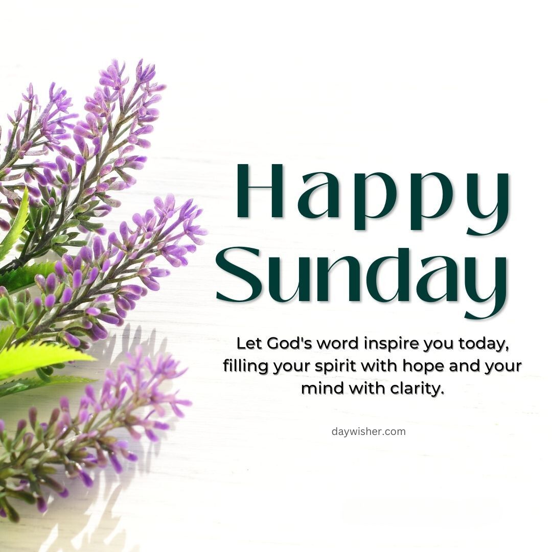 A graphic with the text "Happy Sunday Blessings" and a motivational quote about inspiration from God, accompanied by an image of purple lavender flowers on a white wooden table.