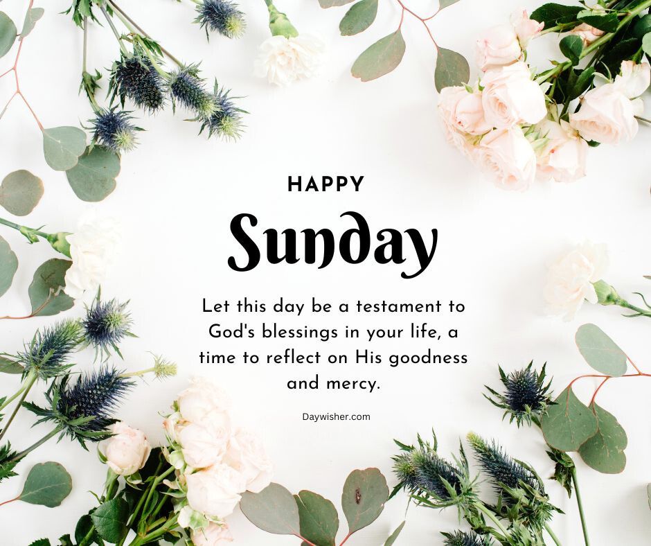 A bright Sunday Blessings Image featuring the text "Happy Sunday Blessings" surrounded by scattered pink roses and green leaves on a white background, with an inspirational message about gratitude.