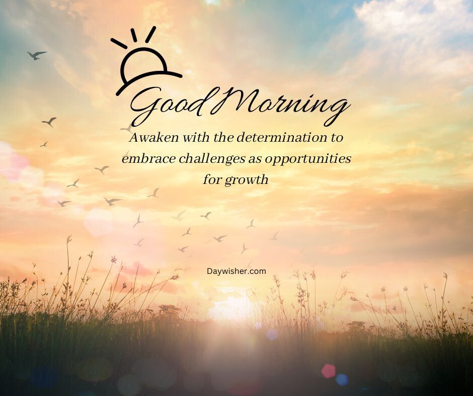 A scenic sunrise with soft, glowing clouds and flying birds. In the center, a graphic says "today special good morning" and inspirational text about embracing challenges for growth.