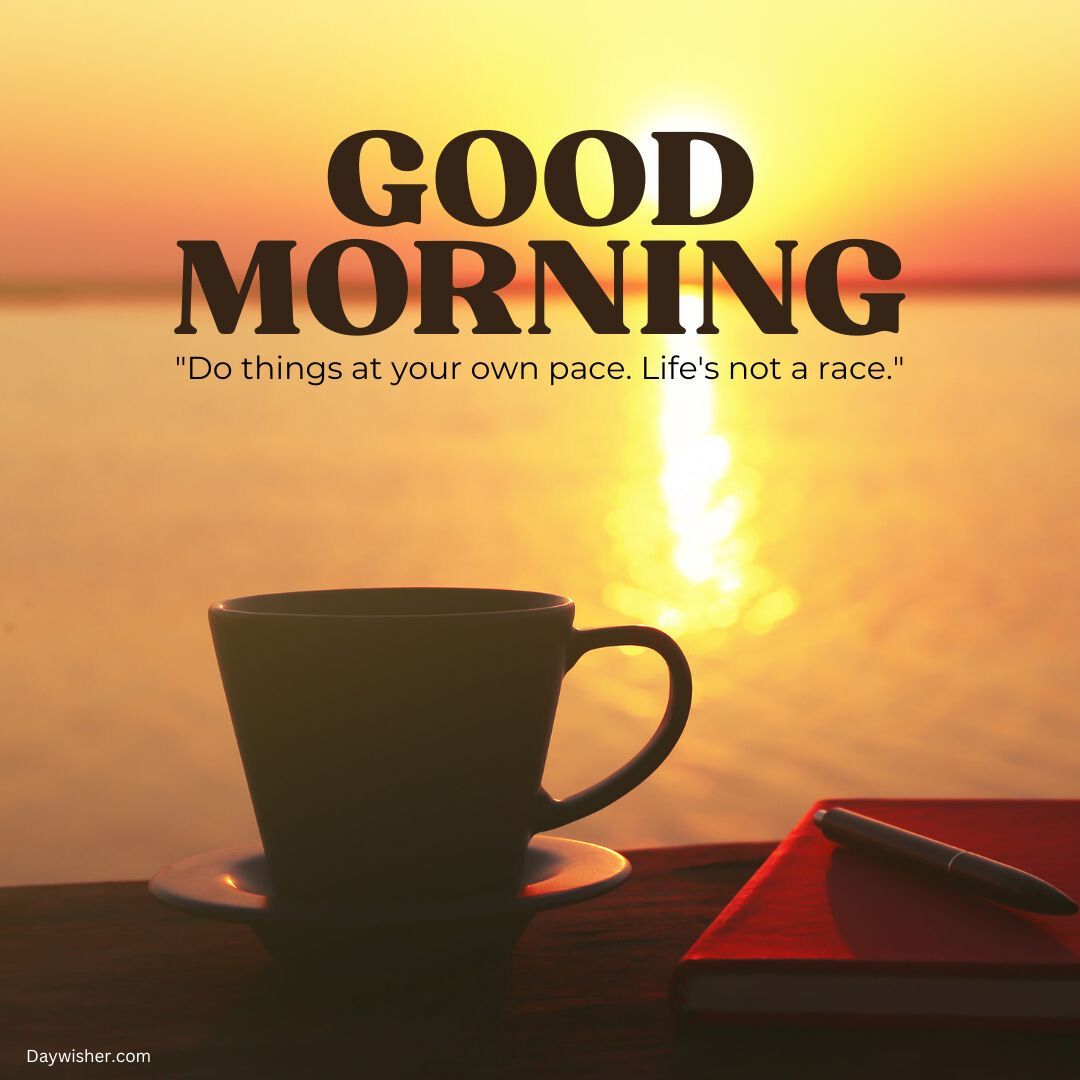 A serene morning scene with a coffee cup and a closed red notebook placed on a surface, overlooking a calm lake with the sun rising in the background. Text reads "special good morning" and "do