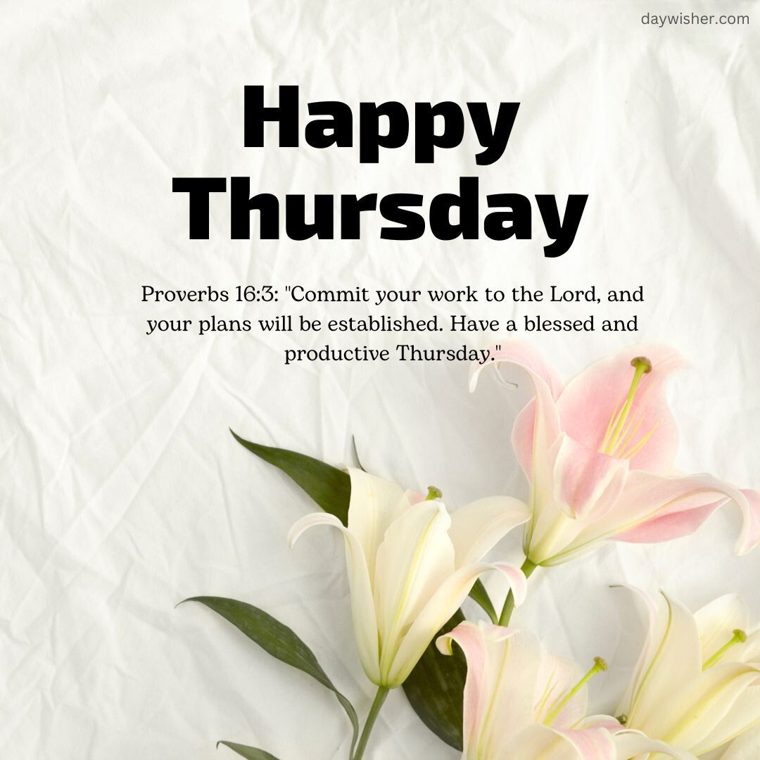 An image featuring a floral background with text saying "Thursday Morning Prayer" along with a biblical quote from Proverbs 16:3, encouraging productivity and blessings for your day.