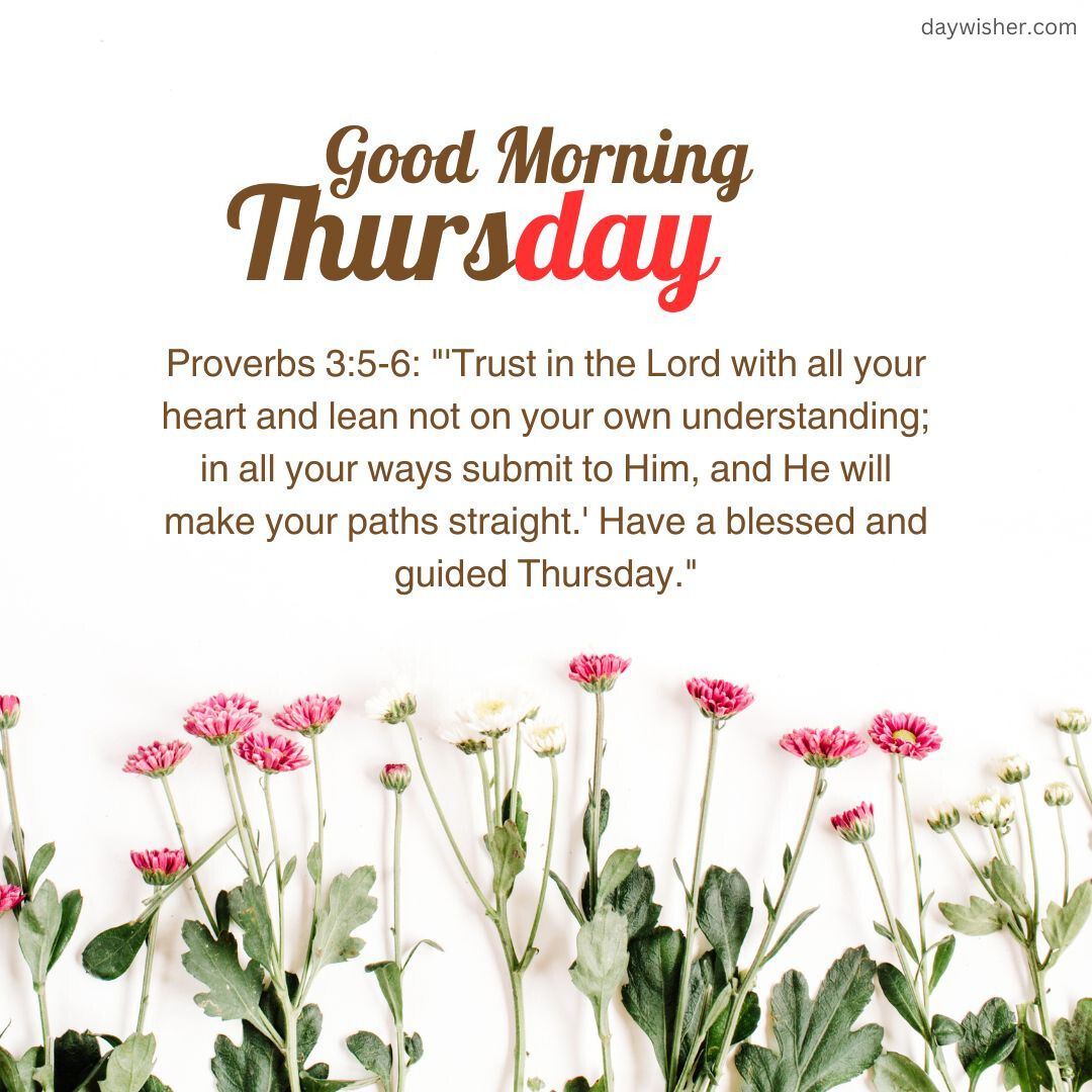 Image of vibrant pink and green flowers arranged at the bottom with the text "Thursday Morning Prayer" and a biblical quote from Proverbs 3:5-6, wishing a blessed and guided Thursday.