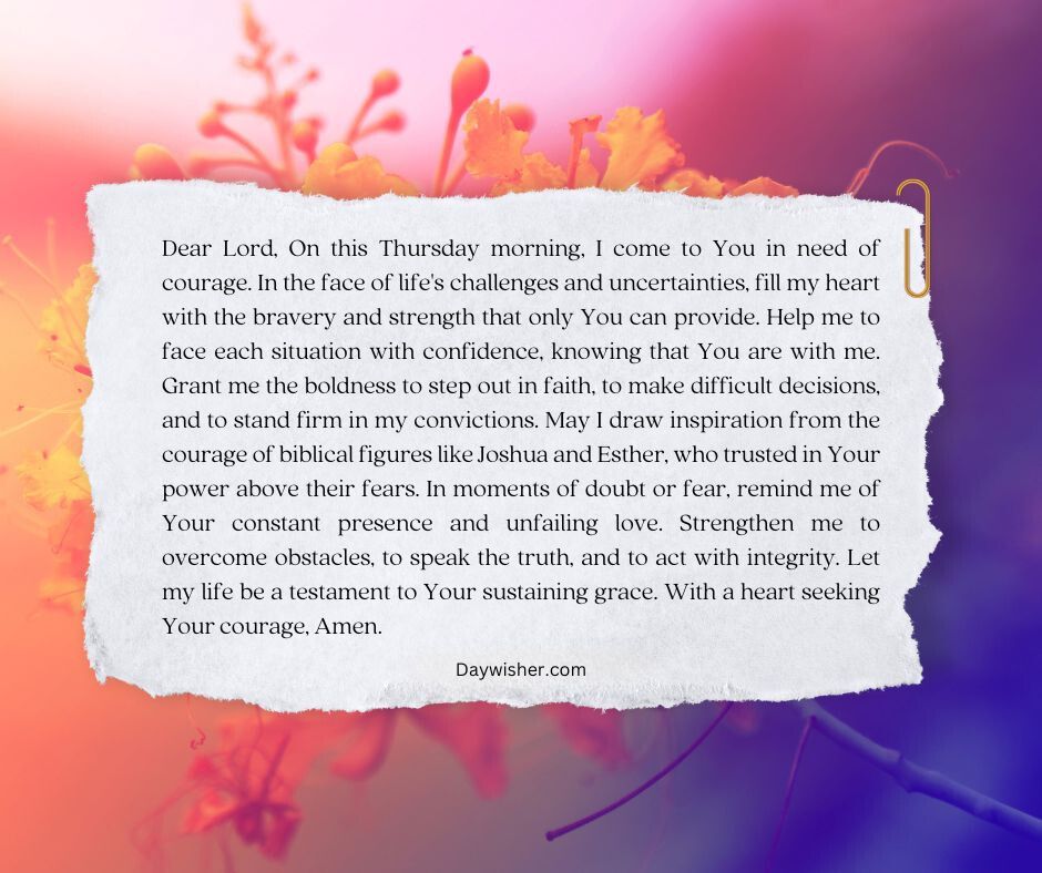 An inspirational Thursday Morning Prayer written on a piece of paper superimposed on a tranquil background with a blurred nature scene, featuring warm sunrise hues and soft floral silhouettes around the edges.