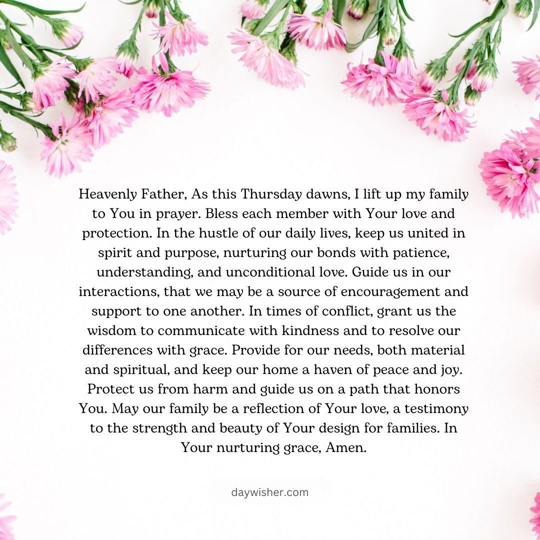 A serene image featuring a border of pink daisy flowers with delicate petals, enclosing a Thursday Morning Prayer text on a white background, aimed to uplift and provide spiritual guidance for a fresh start to your day