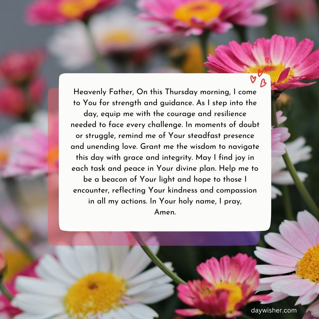 A spiritual-themed image with a background of bright pink flowers. A Thursday Morning Prayer text in the center requests guidance and strength from the heavenly father, ending with "amen." The source is credited at the