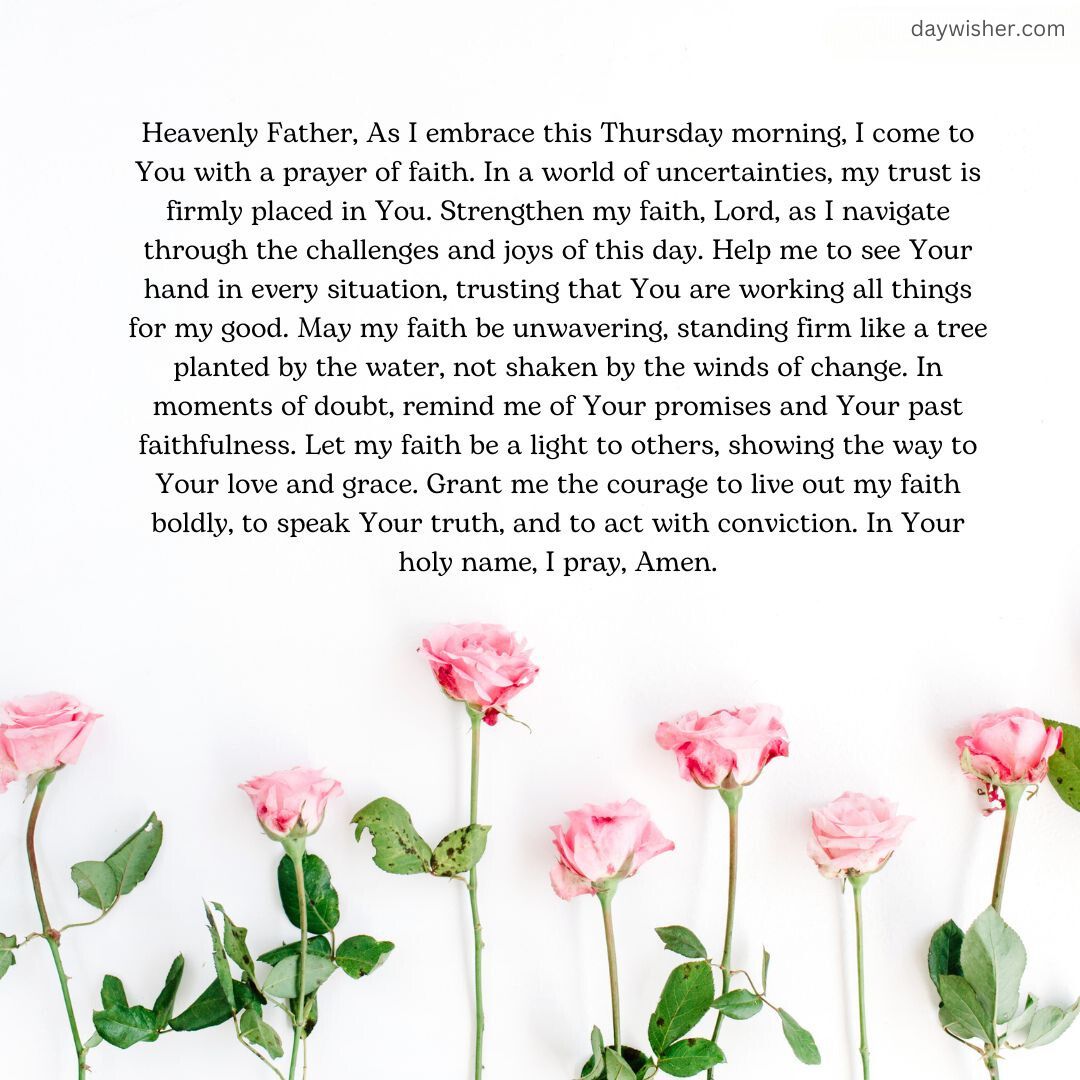 A handwritten Thursday Morning Prayer in black ink surrounded by scattered pale pink rose blooms and green leaves on a white background, expressing faith and seeking guidance.