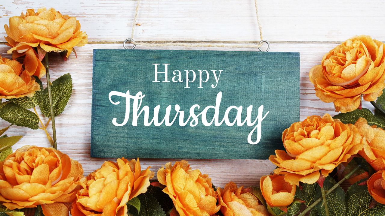 A "happy Thursday" sign surrounded by vibrant orange roses against a white wooden background, symbolizing a fresh start to your day.