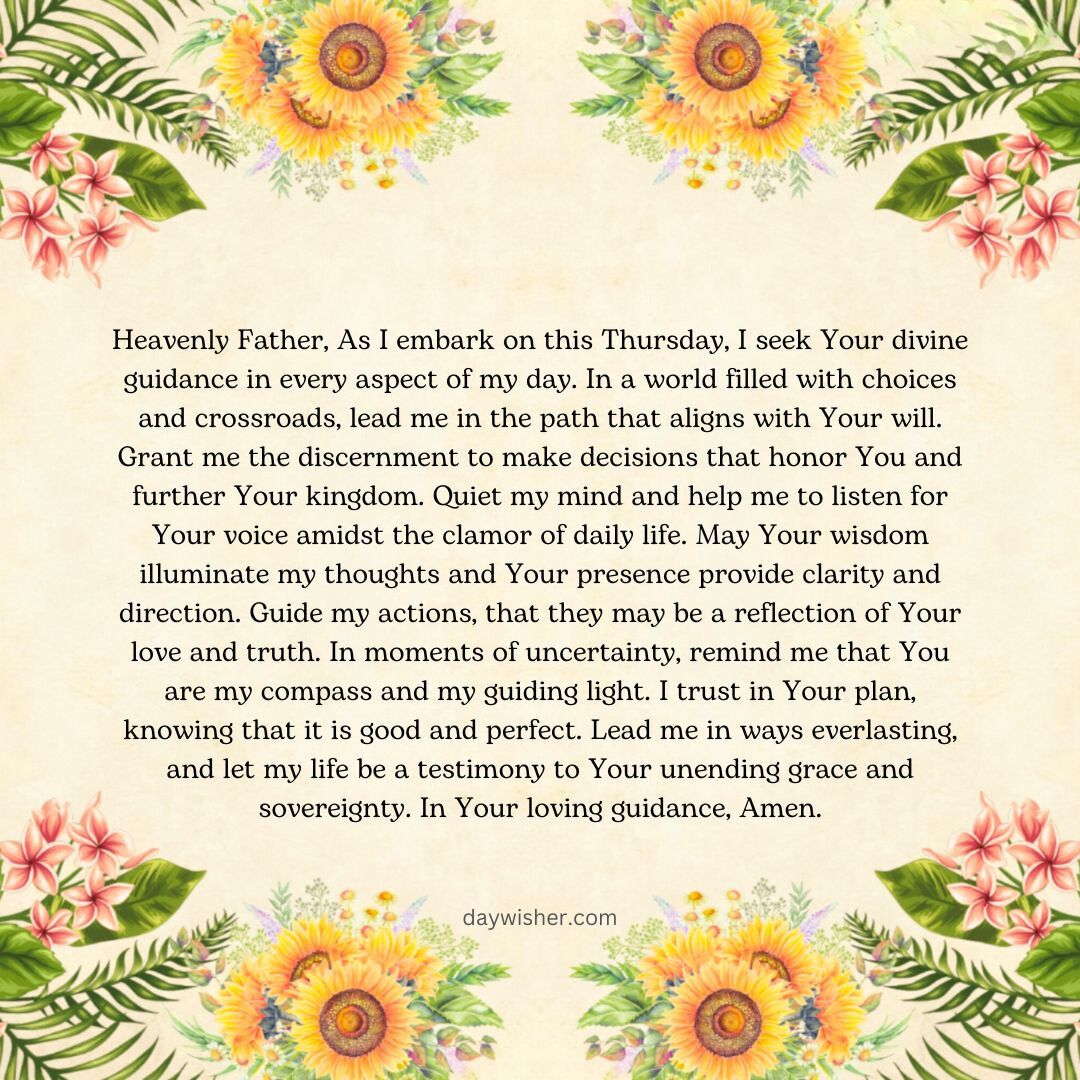 Decorative floral border with orange and pink flowers encircles a centered text, Thursday Morning Prayer, for guidance and trust, expressing faith and seeking divine help on a light beige background.