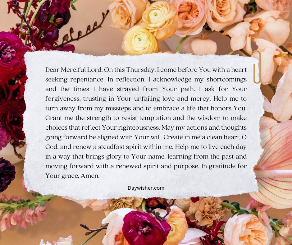 A close-up of a heartfelt handwritten Thursday Morning Prayer note surrounded by vibrant, colorful flowers including roses and lilies on a textured surface.