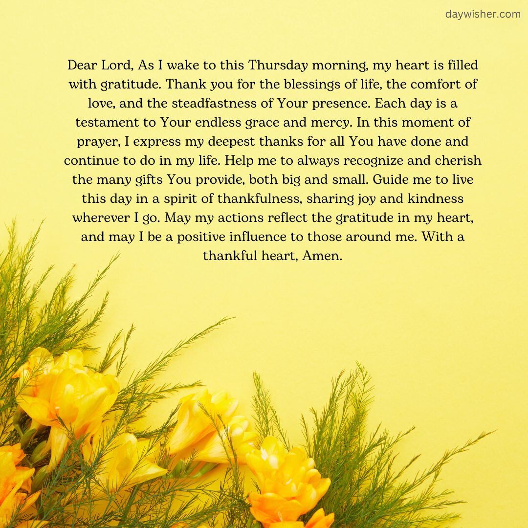 The image features a background of vibrant yellow flowers with an overlay of a heartfelt Thursday Morning Prayer expressing gratitude and seeking guidance, shared in a classic, elegant font.