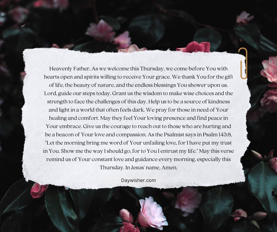 Text overlaid on an image of dark pink roses in full bloom, presenting a Thursday Morning Prayer-themed message, invoking spiritual thoughts and blessings.