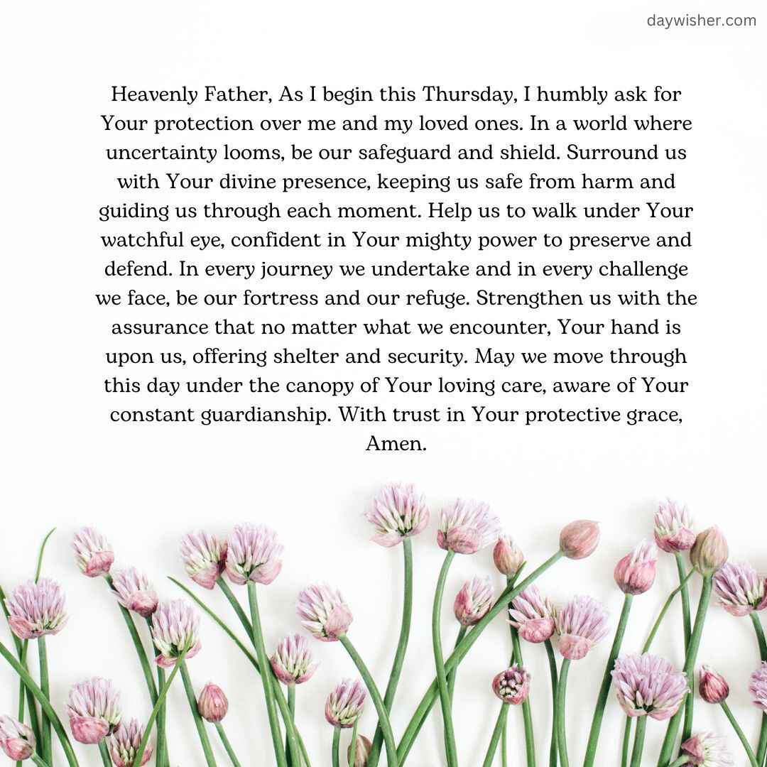 A serene image featuring a group of pink chive flowers arranged in a circular pattern on a white background with a reflective Thursday Morning Prayer text in the center.