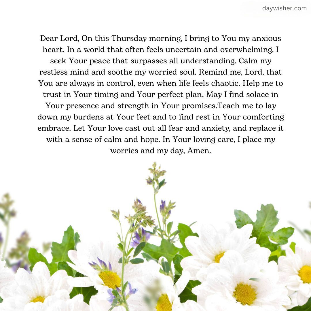 A serene image featuring a peaceful lake surrounded by lush greenery under a cloudy sky, overlaid with a heartfelt Thursday Morning Prayer expressing trust and seeking comfort.