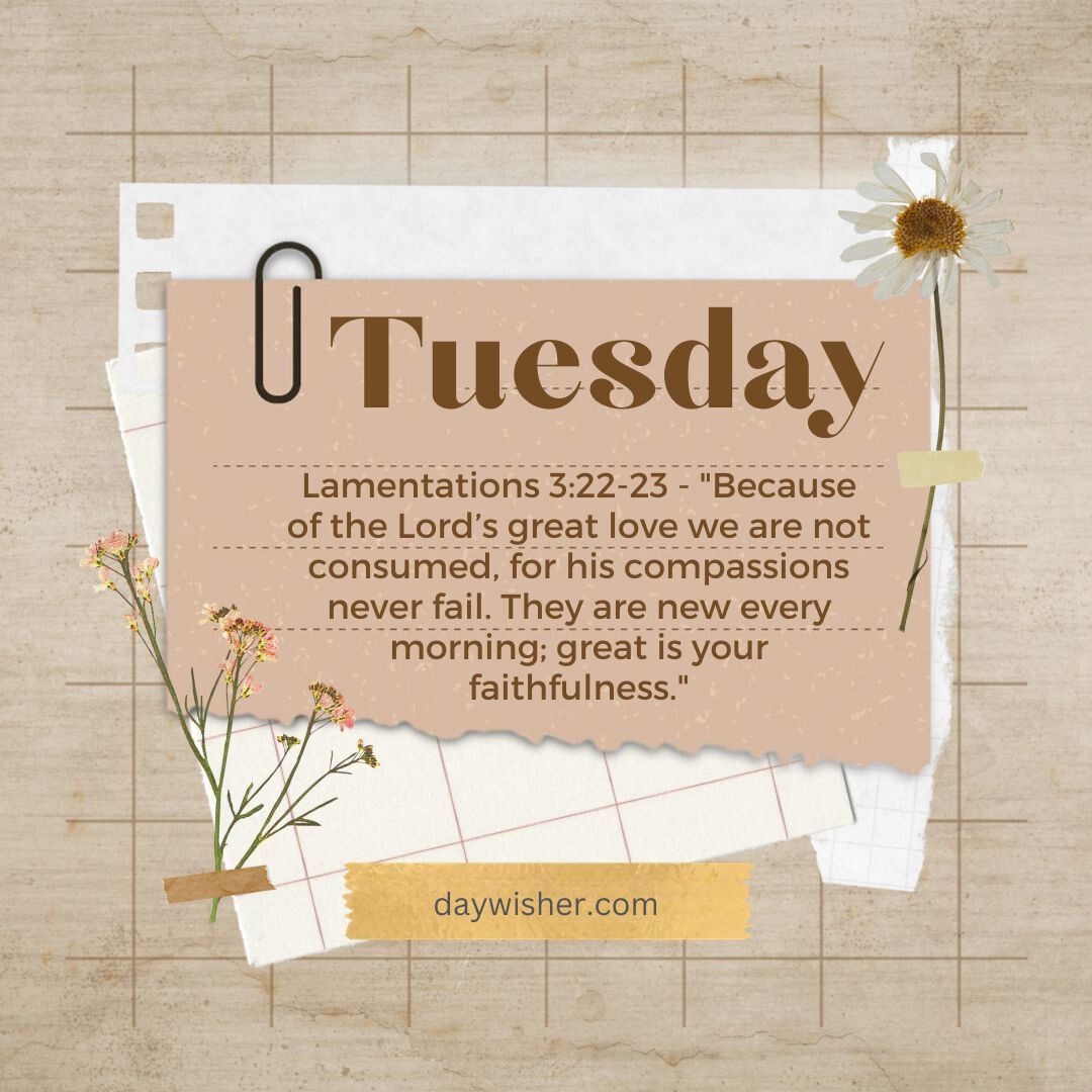 An inspirational Tuesday Morning Prayer quote layered on a wooden background with paper notes, a paperclip, and wildflowers. The quote mentions renewal and blessings, accompanied by the source "daywisher.com.