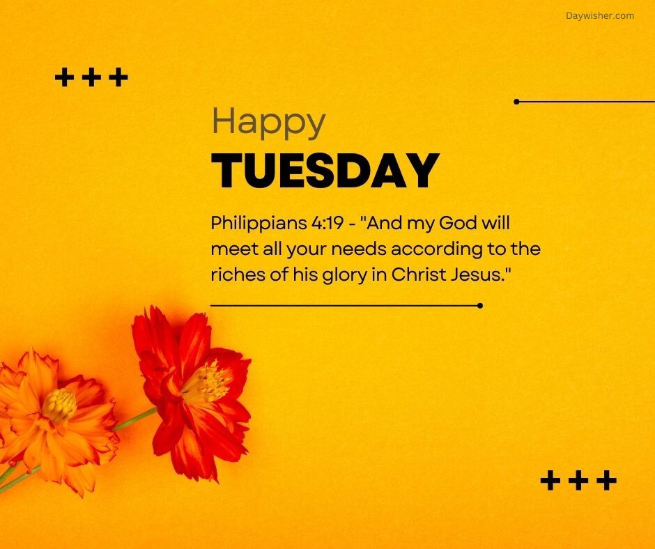 A vibrant image featuring the text "Tuesday Morning Prayer" and a Bible verse, Philippians 4:19, on a bright yellow background with orange flowers at the bottom left corner. Decorative