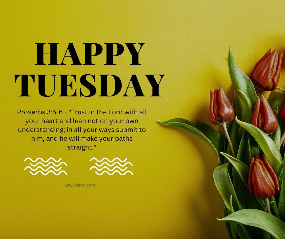 Image of a yellow background with the text "Tuesday Morning Prayer" at the top. Below the text, there's a quote from Proverbs 3:5-6 and a bouquet of red tul
