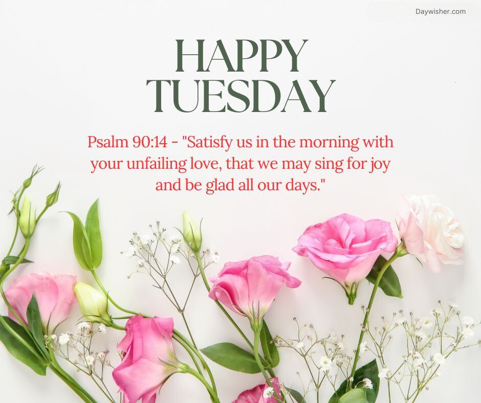 The image features the text "Tuesday Morning Prayer" and a Psalm 90:14 quote on a clean, white background adorned with elegant pink roses and green leaves scattered gracefully around the edges.