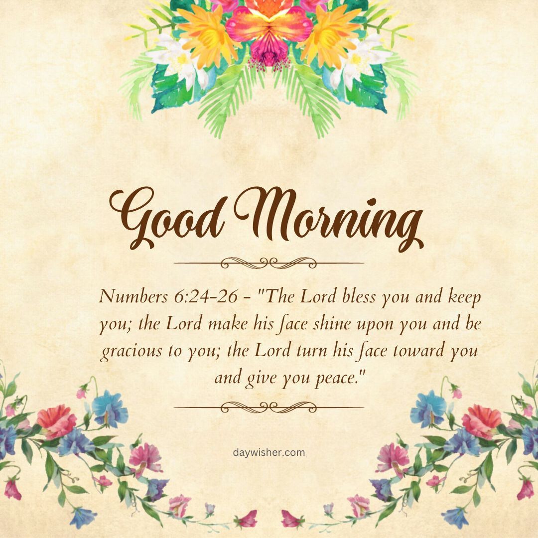 A vintage-style greeting image with central text "Tuesday Morning Prayer" and a scripture quote from Numbers 6:24-26, surrounded by colorful floral designs on a textured beige background.