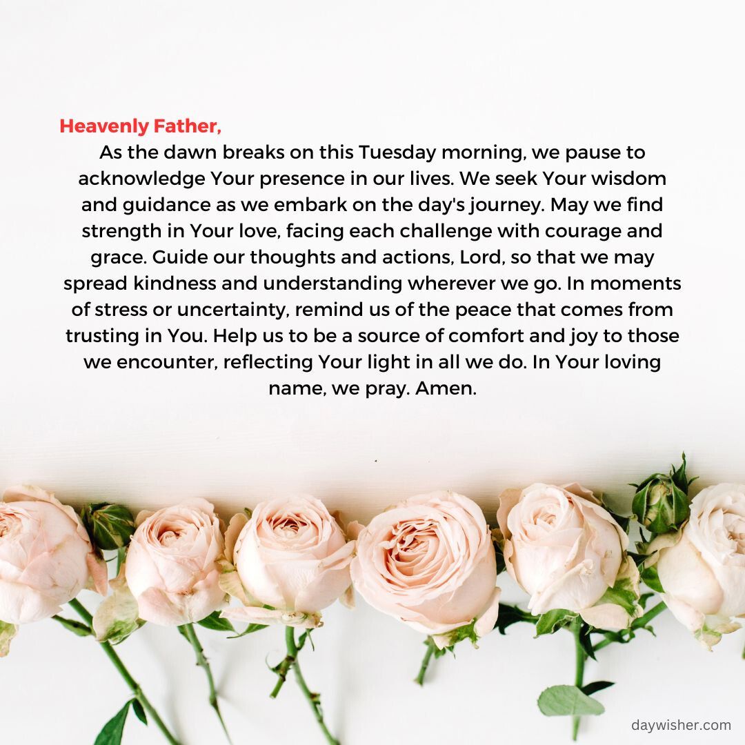 An image of a serene setting featuring a handwritten note surrounded by a circular arrangement of pale pink roses on a white background. The note contains a Tuesday Morning Prayer for guidance and strength.