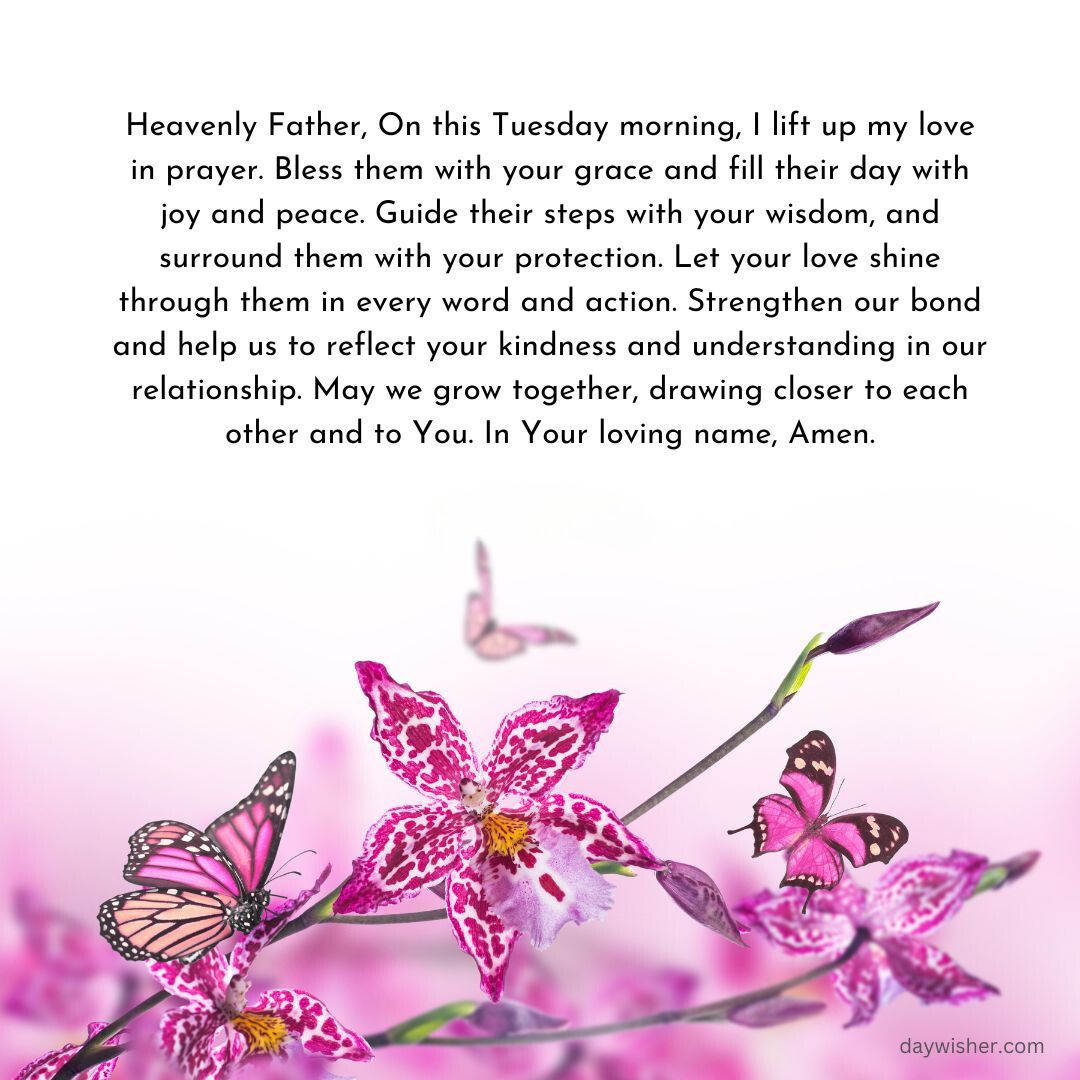 An image of a serene scene with purple flowers and butterflies paired with a Tuesday Morning Prayer text asking for guidance, love, and strength from the heavenly father.