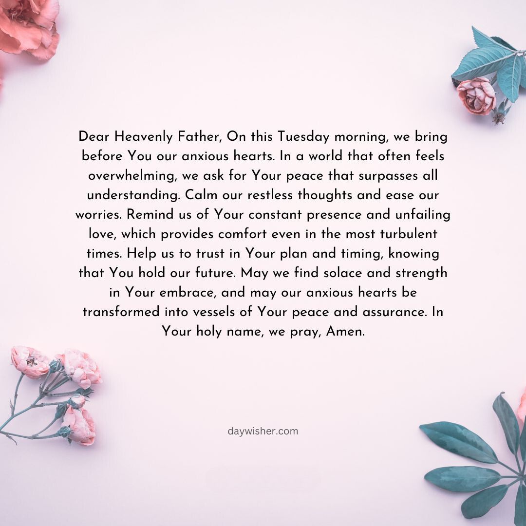 A serene image featuring a Tuesday Morning Prayer text surrounded by soft pink flowers and green eucalyptus leaves on a light pink background.