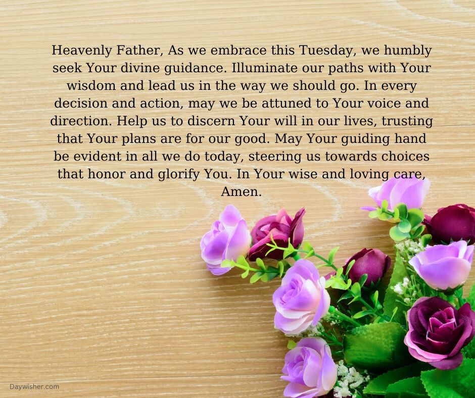 A prayer text over a background of lush purple and green floral bouquet, seeking blessings and wisdom, highlighted with a serene outdoor feel.