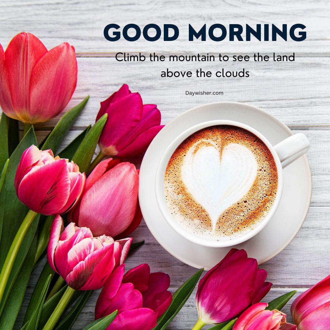A morning-themed image featuring a white cup with a heart-shaped latte art on a saucer, surrounded by pink tulips on a light wooden surface, with the words "good morning" and an