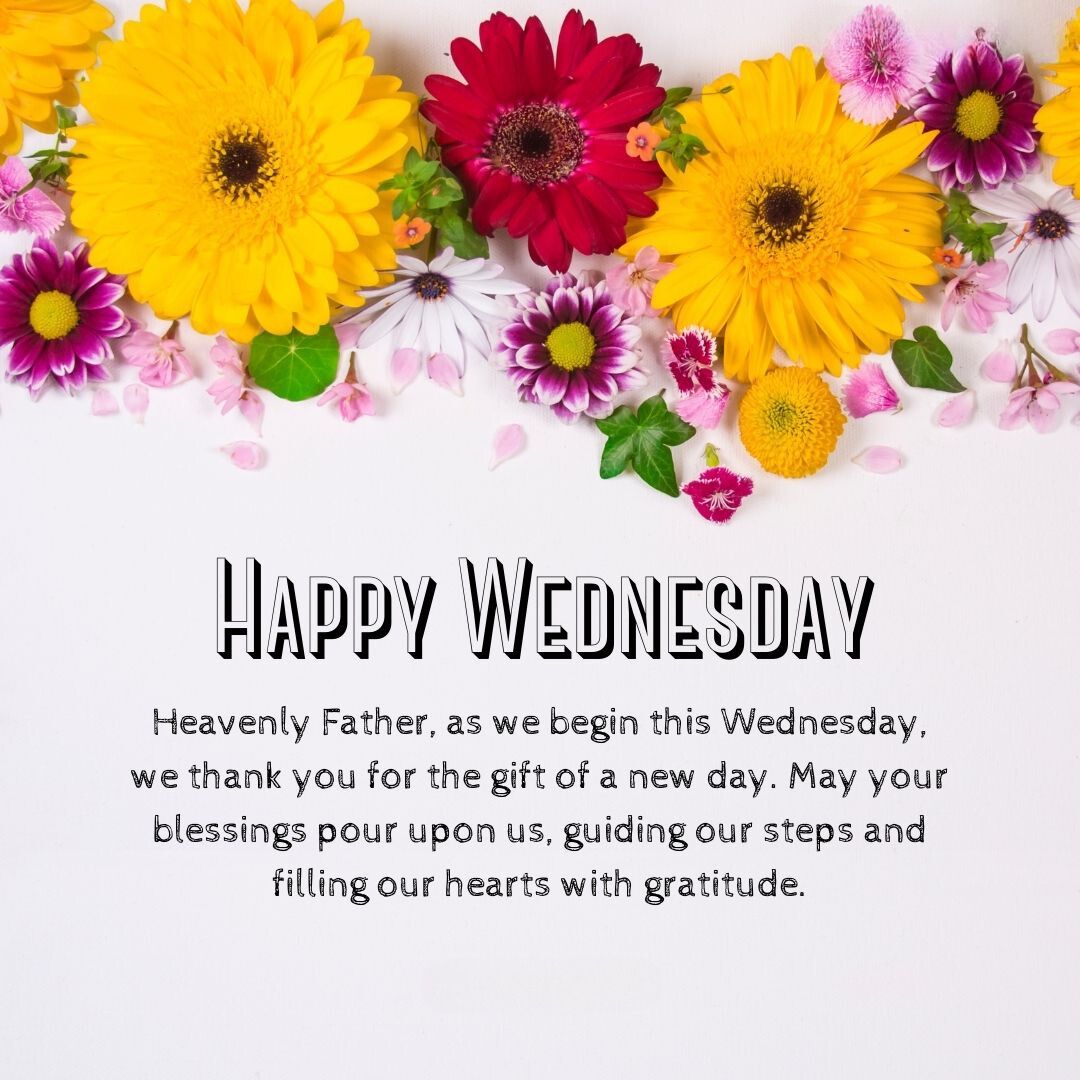 Image of vibrant sunflowers and red gerberas spread against a white background with text that reads "Wednesday Blessings" and a short prayer for gratitude.