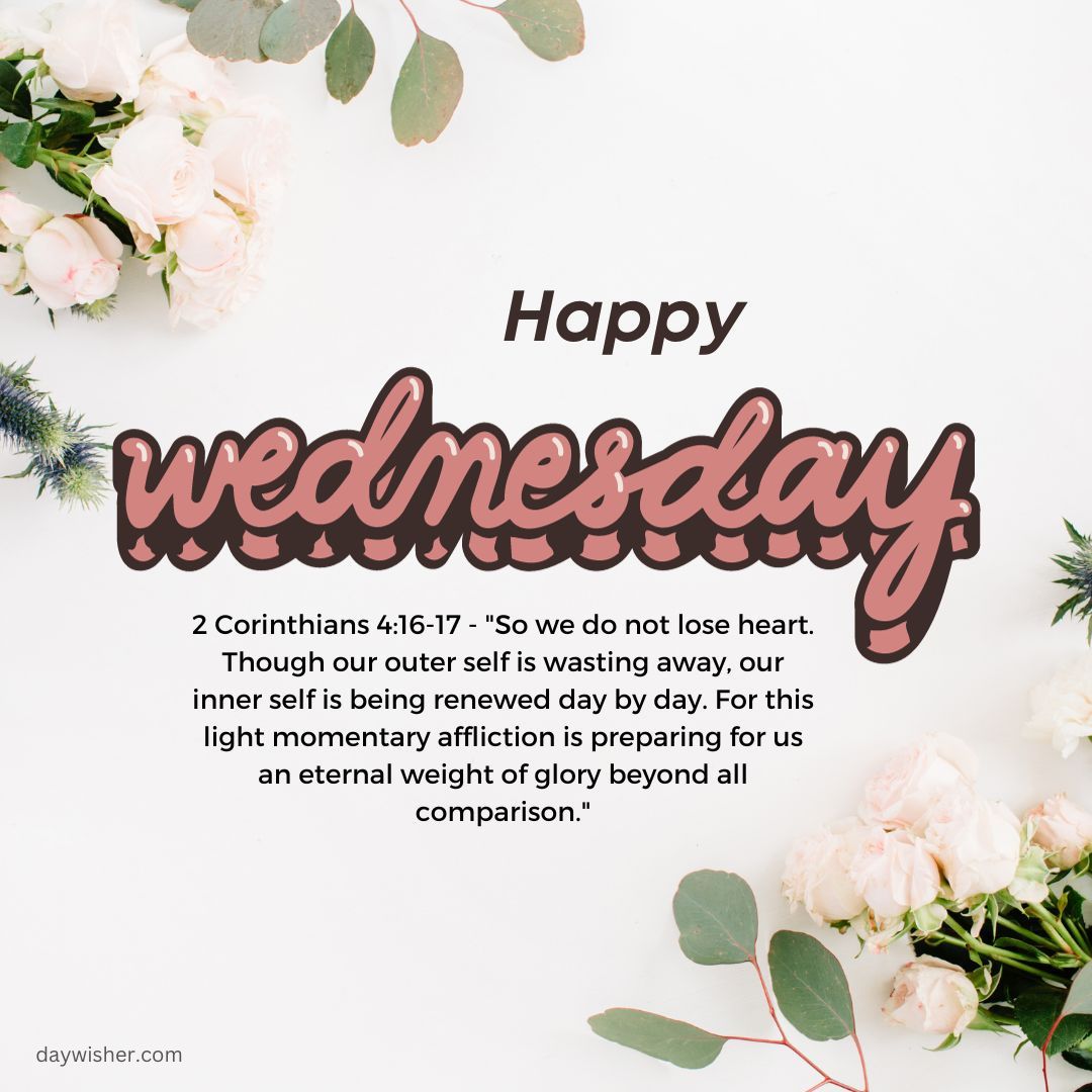 A festive graphic saying "happy wednesday" surrounded by floral elements and foliage with a Wednesday Morning Prayer from 2 Corinthians 4:16-17 about renewal and eternal glory.