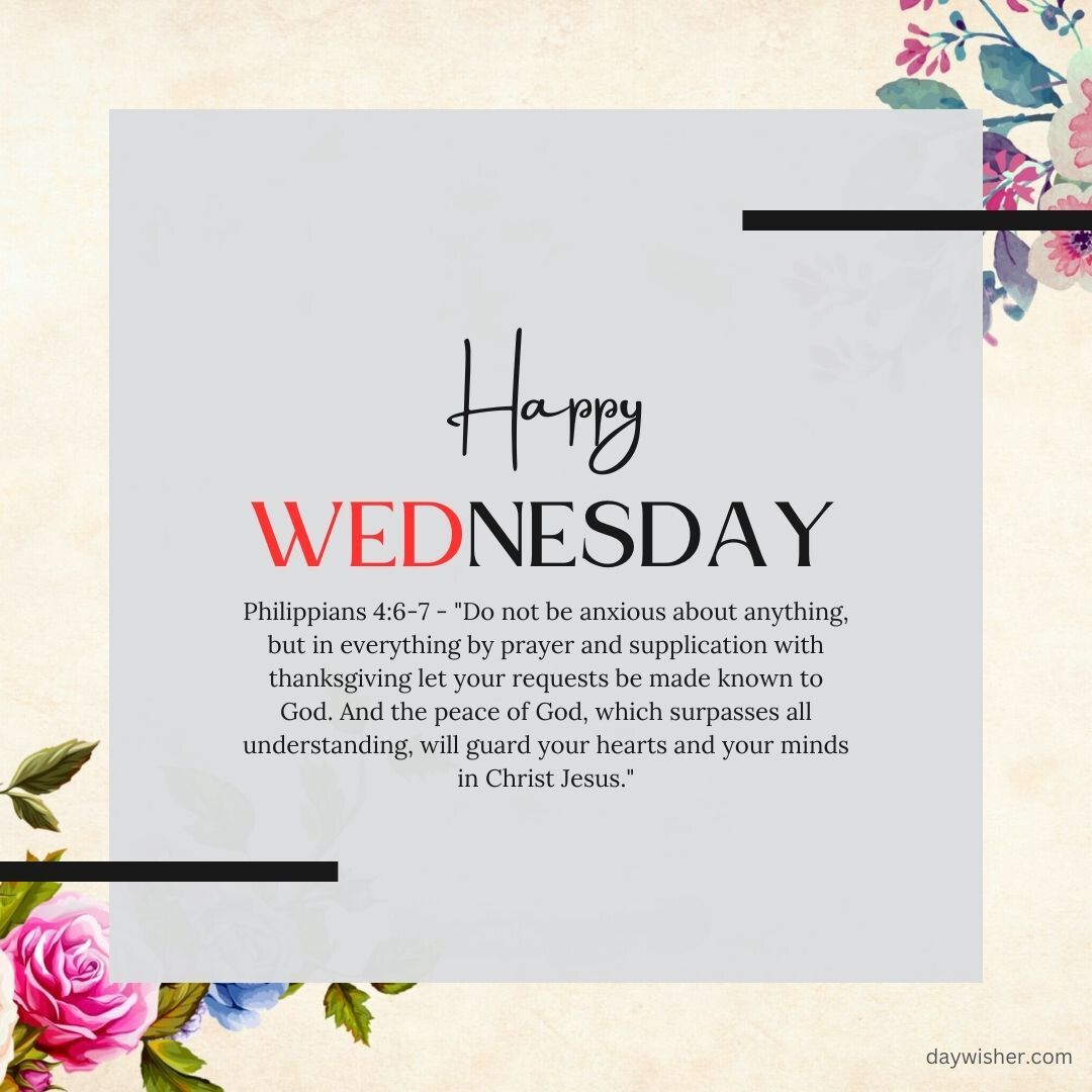 A graphic with a floral border featuring a message that says "happy Wednesday" and a Wednesday Morning Prayer, philippians 4:6-7, encouraging prayer and peace of mind.