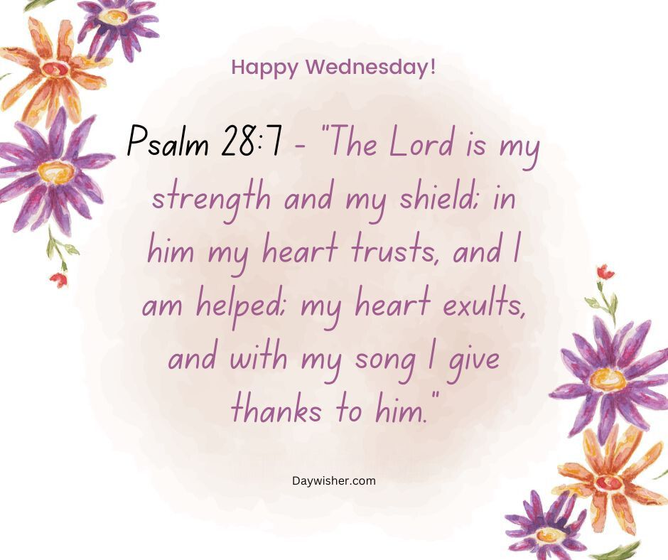 A cheerful floral-themed graphic featuring the text "Happy Wednesday Morning Prayer! Psalm 28:7 - 'The Lord is my strength and my shield; in Him my heart trusts, and I am helped