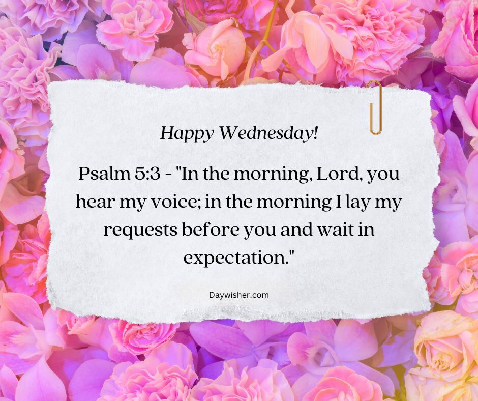 A vibrant background of pink and purple hydrangea flowers with a centered note reading "Happy Wednesday! Psalm 5:3 - 'In the morning, Lord, you hear my voice; in the