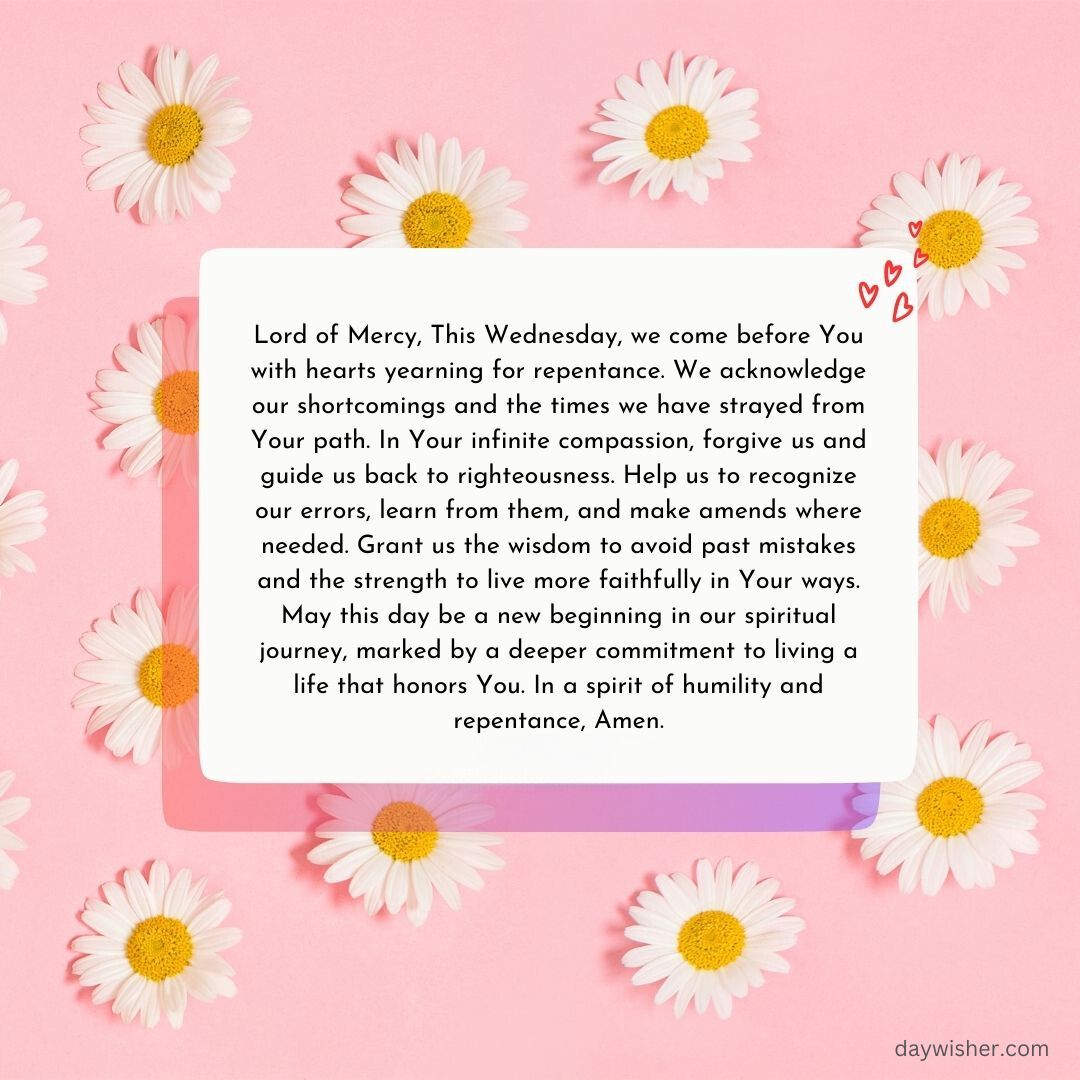 A Wednesday morning motivational graphic featuring a prayer for wisdom and guidance, surrounded by white daisies on a pink background, with the website daywisher.com noted at the bottom.