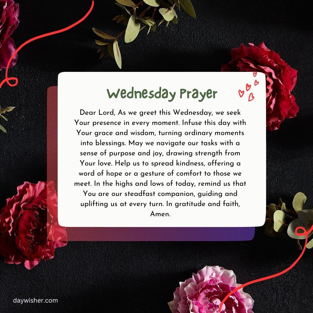 An image featuring a prayer text for "Wednesday Morning Prayer" decorated with red roses and heart-shaped confetti on a dark background, invoking themes of reflection and spirituality.