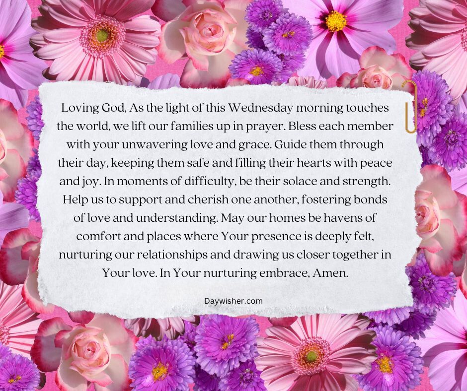 A floral background of pink petals surrounds a parchment note with a heartfelt Wednesday morning prayer for guidance, support, and love, emphasizing spiritual connections and comfort.
