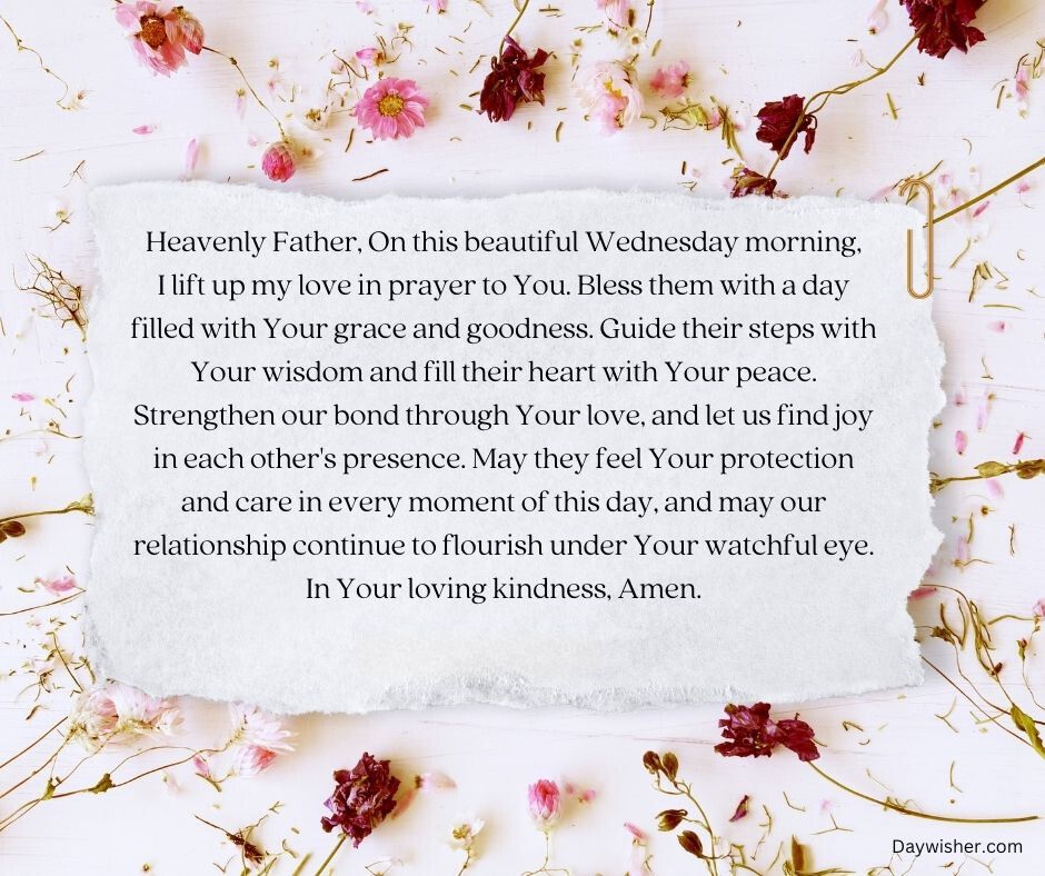 A serene image featuring a Wednesday morning prayer on a white scroll surrounded by pink blossoms on a white background, invoking peace and spirituality.