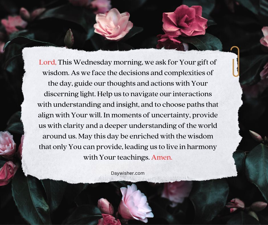 An image depicting a background of dark, lush roses with a translucent text box overlay containing a Wednesday Morning Prayer for wisdom and guidance.