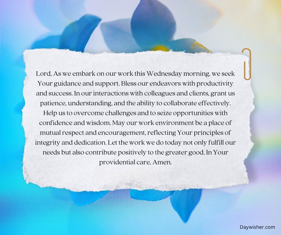 A serene image featuring a Wednesday Morning Prayer written on textured paper overlaying a soft background of blurred blue and green colors with purple flower petals scattered around.